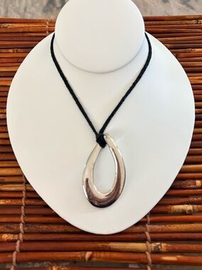 Lia Sophia Silver Teardrop Pendant on Black Cord Necklace 25”-28”
